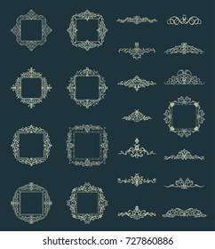 Huge rosette wicker border collection on green. Yellow vintage text, certificate and page decoration in advertising. Business flourish signs and classic logo. Motifs frames and vector ornate elements.