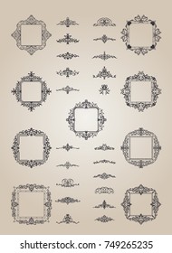 A huge rosette wicker border collection in vector. Yellow vintage text, certificate and page decoration in advertising. Business flourish signs and classic logo. Motifs frames and ornate elements.