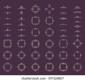 Huge rosette wicker of border in vector set. Vintage decoration for text, certificate and page decoration in advertising. Business flourish sign and classic logo. Motifs frames and ornate elements.