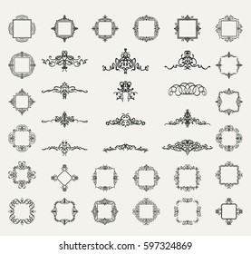 Huge rosette wicker of border in vector set. Vintage decoration for text, certificate and page decoration in advertising. Business flourish sign and classic logo. Motifs frames and ornate elements.