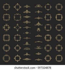 Huge rosette wicker of border in vector set. Vintage decoration for text, certificate and page decoration in advertising. Business flourish sign and classic logo. Motifs frames and ornate elements.