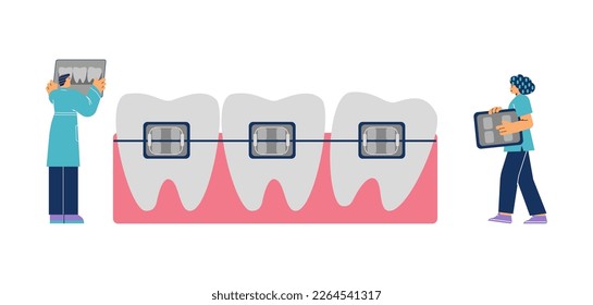 Huge row of teeth with braces and little orthodontist characters flat style, vector illustration isolated on white background. Teeth alignment, treatment, health and beauty