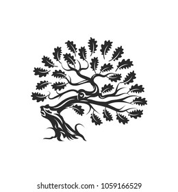 Huge and sacred oak tree silhouette logo badge isolated on white background. Modern vector national tradition green plant icon sign design. Premium quality organic bonsai logotype flat illustration.