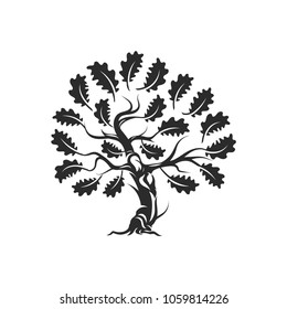 Huge and sacred oak tree silhouette logo badge isolated on white background. Modern vector national tradition green plant icon sign design. Premium quality organic bonsai flat illustration.