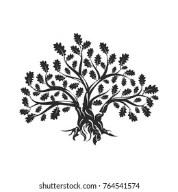 Huge and sacred oak tree silhouette logo isolated on white background. Modern vector national tradition green plant icon sign design. Premium quality organic logotype flat emblem illustration.