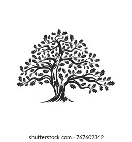 Huge and sacred oak tree silhouette logo badge isolated on white background. Modern vector national tradition green plant icon sign design. Premium quality organic bonsai logotype flat illustration.