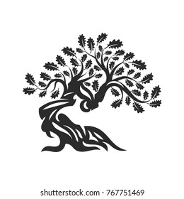 Huge and sacred oak tree silhouette logo badge isolated on white background. Modern vector national tradition green plant icon sign design. Premium quality organic bonsai logotype flat illustration.