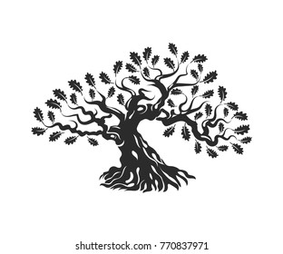 Huge and sacred oak tree silhouette logo badge isolated on white background. Modern vector national tradition green plant icon sign design. Premium quality organic bonsai logotype flat illustration.