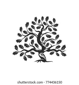 Huge and sacred oak tree silhouette logo badge isolated on white background. Modern vector national tradition green plant icon sign design. Premium quality organic bonsai logotype flat illustration.