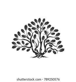 Huge and sacred oak tree silhouette logo badge isolated on white background. Modern vector national tradition green plant icon sign design. Premium quality organic bonsai logotype flat illustration.