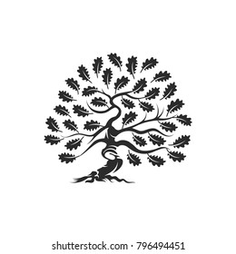 Huge and sacred oak tree silhouette logo badge isolated on white background. Modern vector national tradition green plant icon sign design. Premium quality organic bonsai logotype flat illustration.