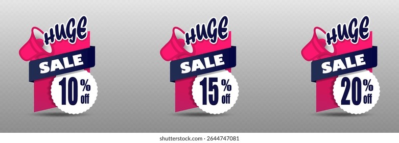 Huge sale banner with megaphone icon and modern geometric shapes.