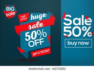 Huge Sale. Big Sale. 50% Discount or Off Sale. 50 percent off buy now in blue color. Huge sale discount coupons labels for web. Template of labels. Big off.
Great Offer. Get it now. Discount Label