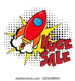 Großer Verkauf. Comic Buch Explosion mit Text Huge Sale Promotion Symbol. Vektorhelle Cartoon-Illustration im Retro-Pop-Art-Stil. Symbol für Werberabatte. Ankündigung des Werbeangebots. 