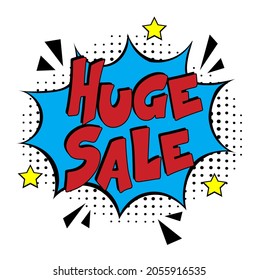 Enorme venta. Explosión de historietas con el texto Un símbolo de promoción de Enorme Venta. Ilustración de dibujos animados brillantes en estilo retro de arte pop. Símbolo de descuentos publicitarios. Anunciar la oferta de promoción. 