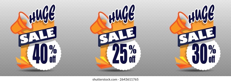 Huge sale label with megaphone icon and modern design for discount offers and marketing promotions