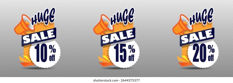 Huge sale label with megaphone icon and modern design for discount offers and marketing promotions