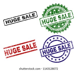 HUGE SALE seal prints with distress texture. Black, green,red,blue vector rubber prints of HUGE SALE text with grunge texture. Rubber seals with circle, rectangle, medal shapes.