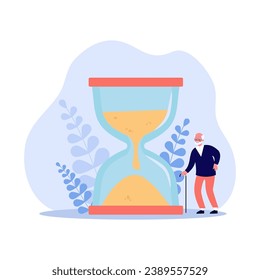 Huge sand-glass and aged man with crutch nearby. Flat vector illustration. Increase of older people in world. Population aging concept