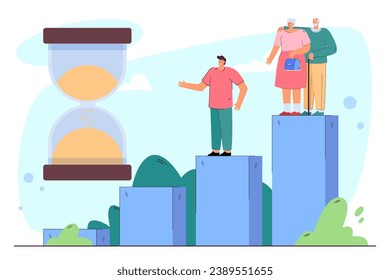 Huge sand-glass , older people and young man vector illustration. Increase of aged people and decrease of young people in world. Population aging concept