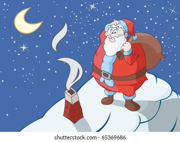 Huge Santa Claus is thinking how to get through narrow flue