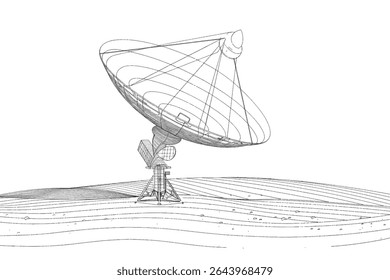 Huge satellite antenna dish for communication and signal reception out of the planet Earth. 3D illustration over white with clipping path included.