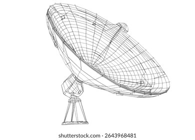 Grande antena parabólica para comunicação e recepção de sinal do planeta Terra. Ilustração 3D sobre branco com traçado de recorte incluído.