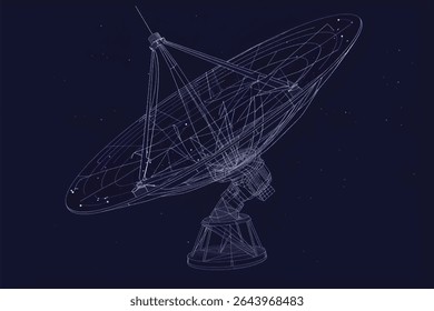 Grande antena parabólica para comunicação e recepção de sinal do planeta Terra. Ilustração 3D sobre branco com traçado de recorte incluído.