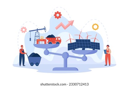 Huge scales with fossil fuel and natural energy sources. Scales with gas, oil, coal and solar panels, wind turbines, wind and solar power vector illustration. Ecology, industry, energy concept