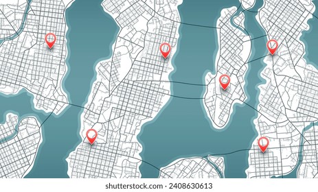 Huge scheme of city with poi. Abstract navigation plan of urban area. Generic city map with signs of streets, roads, house. Colored flat, editable vector illustration