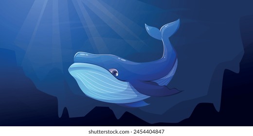 Una enorme ballena azul mar sobre un fondo en las profundidades del océano. Vector aislado ilustración de dibujos animados de un animal acuático.