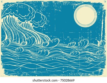 Huge sea waves. Vector grunge illustration of nature