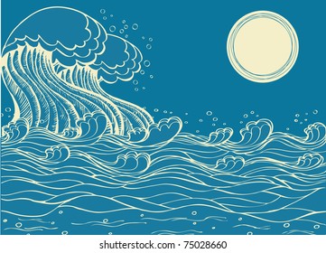 Huge sea waves. Vector illustration of symbol of nature