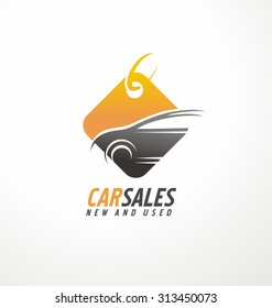 Huge selection of new and used vehicles creative symbol layout. Car sales logo design idea with shape of automobile and price tag. Auto retailer unique icon template.