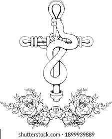 A huge serpent lies  at the cross and a beatuful roses and peony flowers are at the bottom of the picture