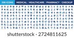 Huge set of 200 solid icons. Mega collection concept of medical, healthcare, pharmacy, checkup, and medicine. Vector illustration.