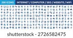 Huge set of 200 solid icons. Mega collection concept of internet, computer, SEO, website and Wifi. Vector illustration.