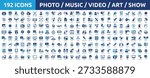 Huge set of 200 solid icons. Mega collection concept of photo, music, video, art and show. Vector illustration.