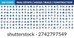 Huge set of 200 solid icons. Mega collection concept of house, home, real estate, building and construction. Vector illustration.