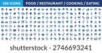 Huge set of 200 solid icons. Mega collection concept of food, restaurant, kitchen, cooking and eating. Vector illustration.