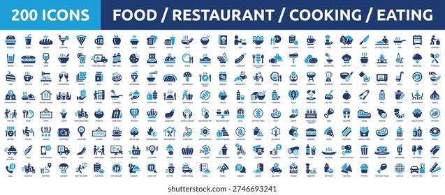 Enorme conjunto de 200 iconos sólidos. Mega colección concepto de comida, restaurante, cocina, cocina y comer. Ilustración vectorial.