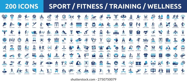 Huge set of 200 solid icons. Mega collection concept of sport, fitness, training, gym and wellness. Vector illustration.