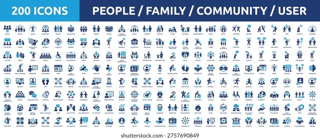 Huge set of 200 solid icons. Mega collection concept of people, family, community, population, group and user. Vector illustration.