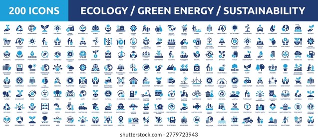 Huge set of 200 solid icons. Mega collection concept of ecology, green energy, sustainability, eco and environment. Vector illustration.