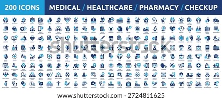 Huge set of 200 solid icons. Mega collection concept of medical, healthcare, pharmacy, checkup, and medicine. Vector illustration.