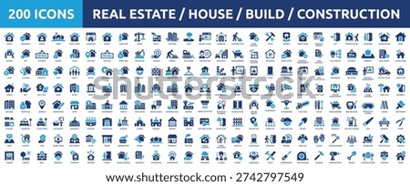 Huge set of 200 solid icons. Mega collection concept of house, home, real estate, building and construction. Vector illustration.