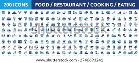 Huge set of 200 solid icons. Mega collection concept of food, restaurant, kitchen, cooking and eating. Vector illustration.