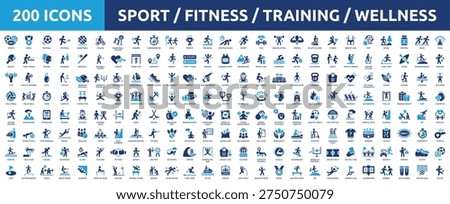 Huge set of 200 solid icons. Mega collection concept of sport, fitness, training, gym and wellness. Vector illustration.