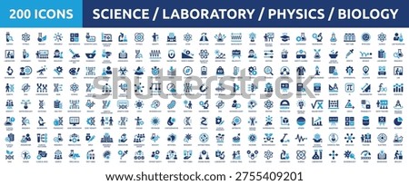 Huge set of 200 solid icons. Mega collection concept of science, laboratory, physics, research and biology. Vector illustration.