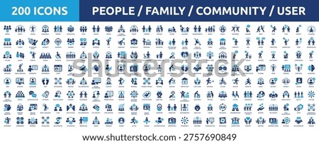 Huge set of 200 solid icons. Mega collection concept of people, family, community, population, group and user. Vector illustration.
